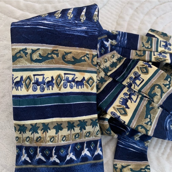 Silk Italian Nautical Themed Blue Tan Silk Tie - Picture 8 of 12